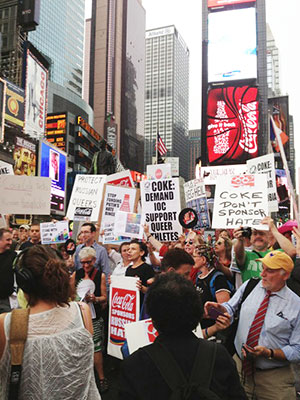An August protest in New York City against Coca-Cola’s sponsorship of the Sochi Games