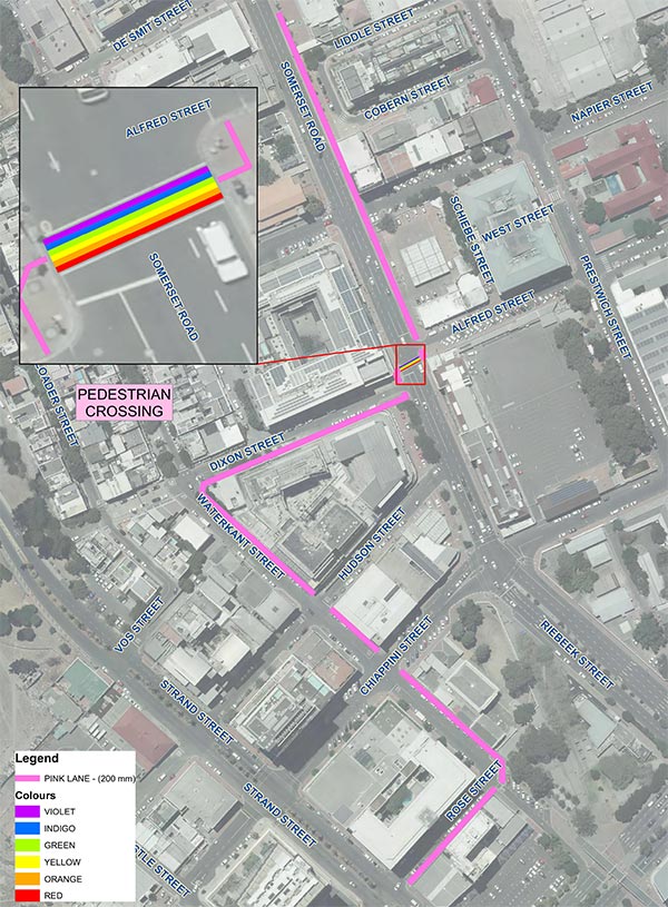 Map of the rainbow crossing and pink lane 